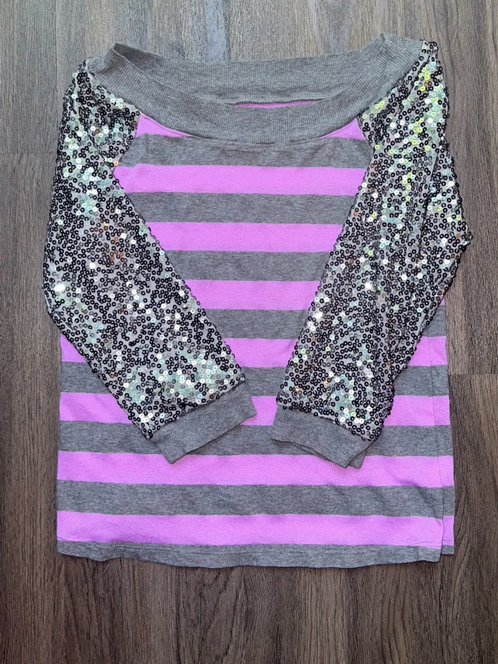 Justice Girls' Striped Sequin Sleeve Top - Gray & Purple 14